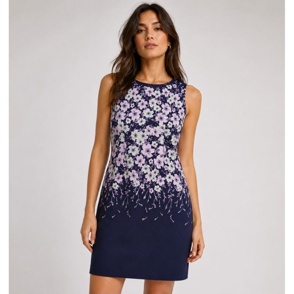 Talbots Navy Floral Jacquard Sheath Dress Sleeveless Career Womens Size 14